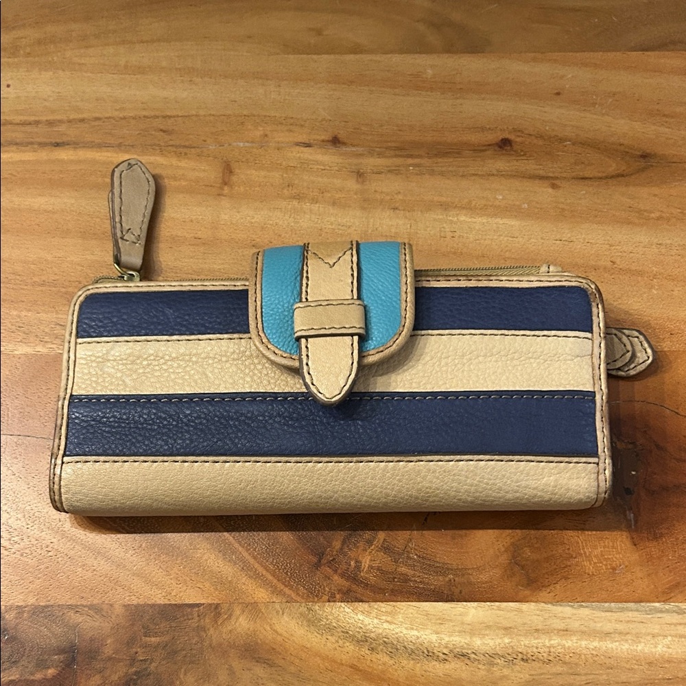 Leather Fossil Striped Blue and Tan Wallet